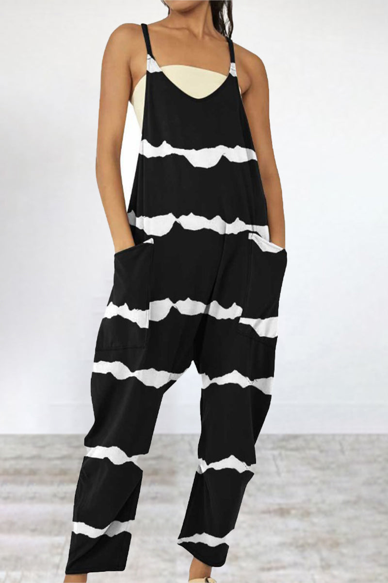 Casual Print Patchwork Pocket V Neck Loose Jumpsuits(6 Colors)