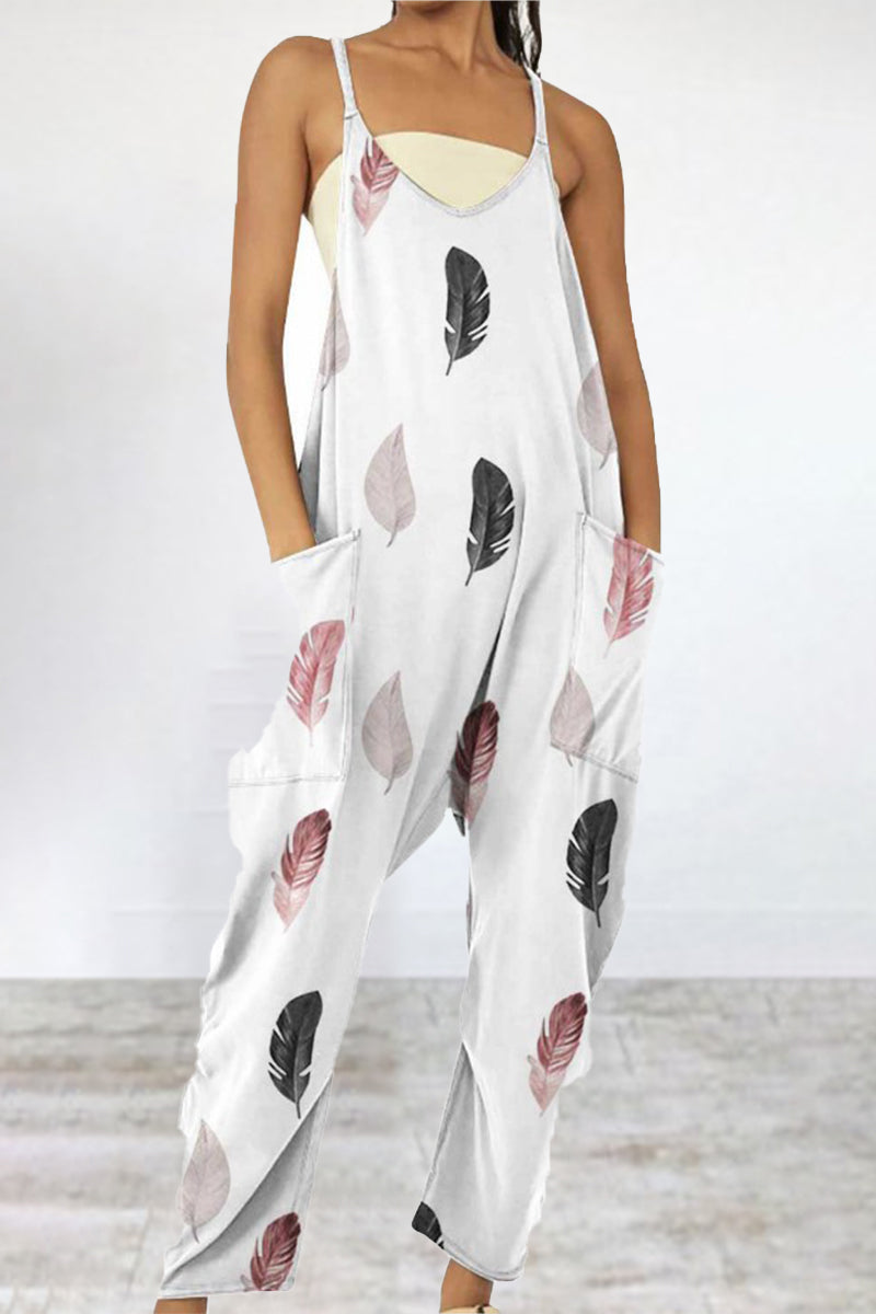 Casual Print Patchwork Pocket V Neck Loose Jumpsuits(6 Colors)