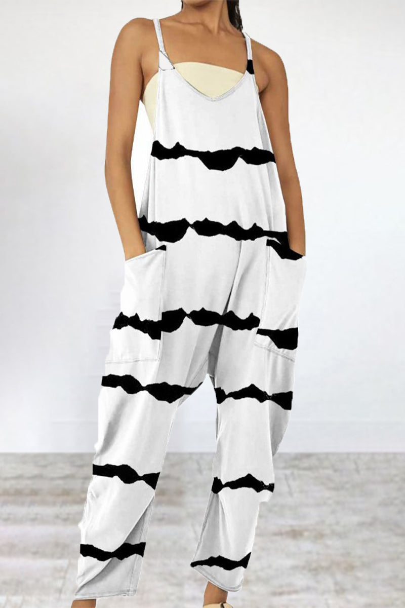 Casual Print Patchwork Pocket V Neck Loose Jumpsuits(6 Colors)