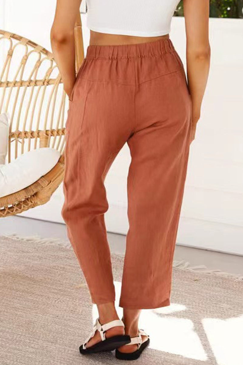 Casual Simplicity Solid Pocket Frenulum Loose High Waist Straight Solid Color Bottoms(5 Colors) - Fashionpara