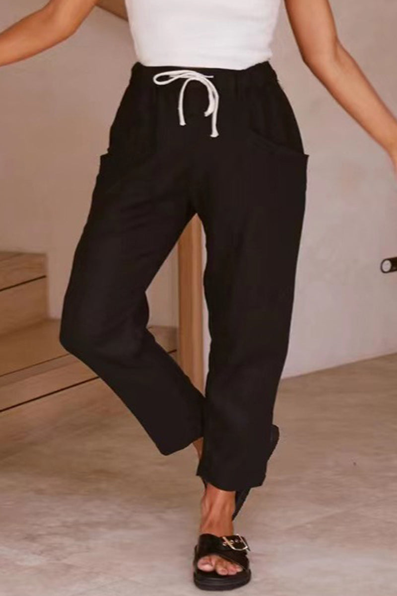 Casual Simplicity Solid Pocket Frenulum Loose High Waist Straight Solid Color Bottoms(5 Colors) - Fashionpara