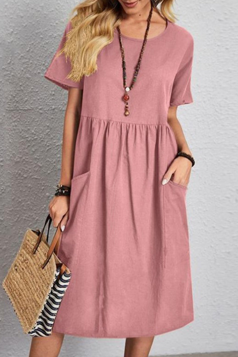 Casual Simplicity Solid Pocket O Neck Short Sleeve Dress Dresses(4 Colors) - Fashionpara
