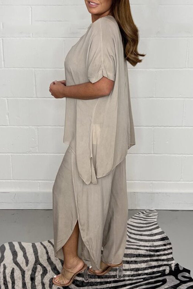 Plus Size Casual Solid Asymmetrical O Neck Short Sleeve Two Pieces(9 Colors) - Fashionpara