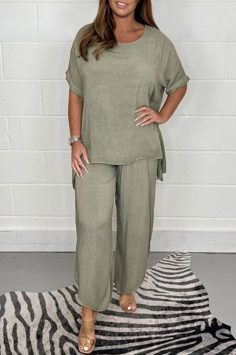 Plus Size Casual Solid Asymmetrical O Neck Short Sleeve Two Pieces(9 Colors) - Fashionpara