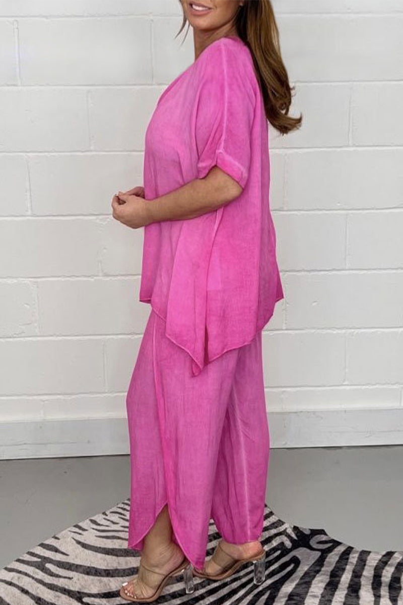 Plus Size Casual Solid Asymmetrical O Neck Short Sleeve Two Pieces(9 Colors) - Fashionpara