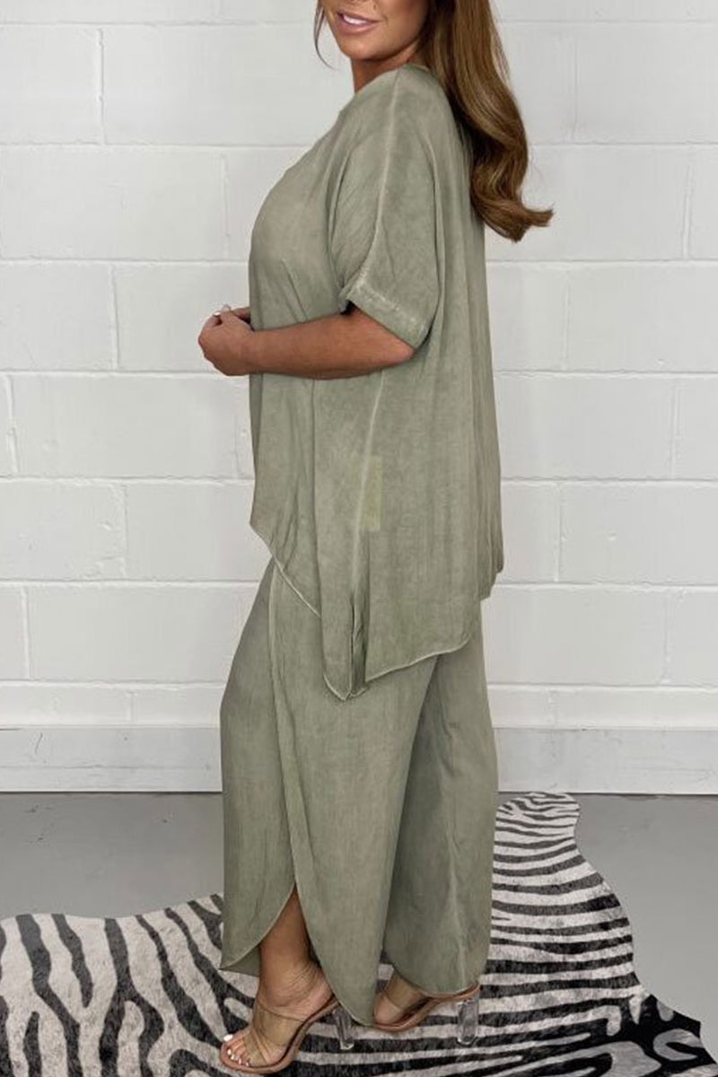 Plus Size Casual Solid Asymmetrical O Neck Short Sleeve Two Pieces(9 Colors) - Fashionpara