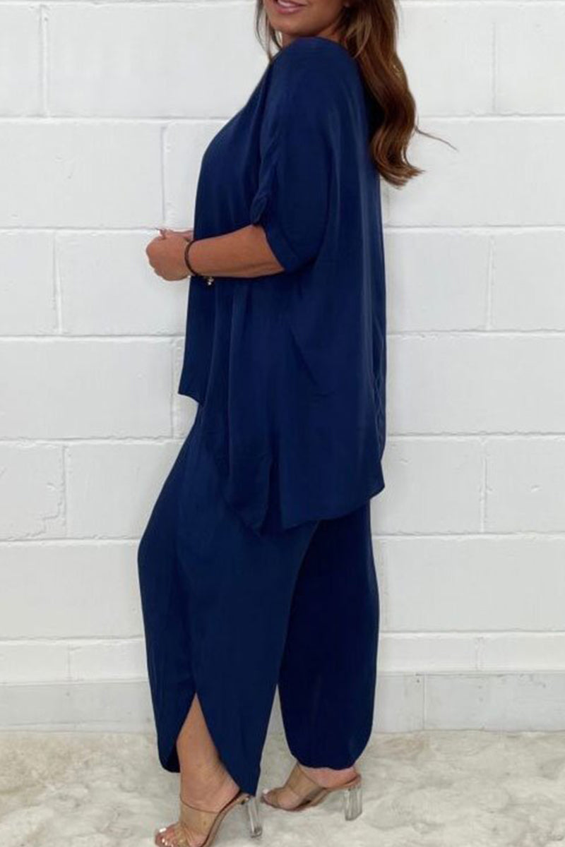Plus Size Casual Solid Asymmetrical O Neck Short Sleeve Two Pieces(9 Colors) - Fashionpara