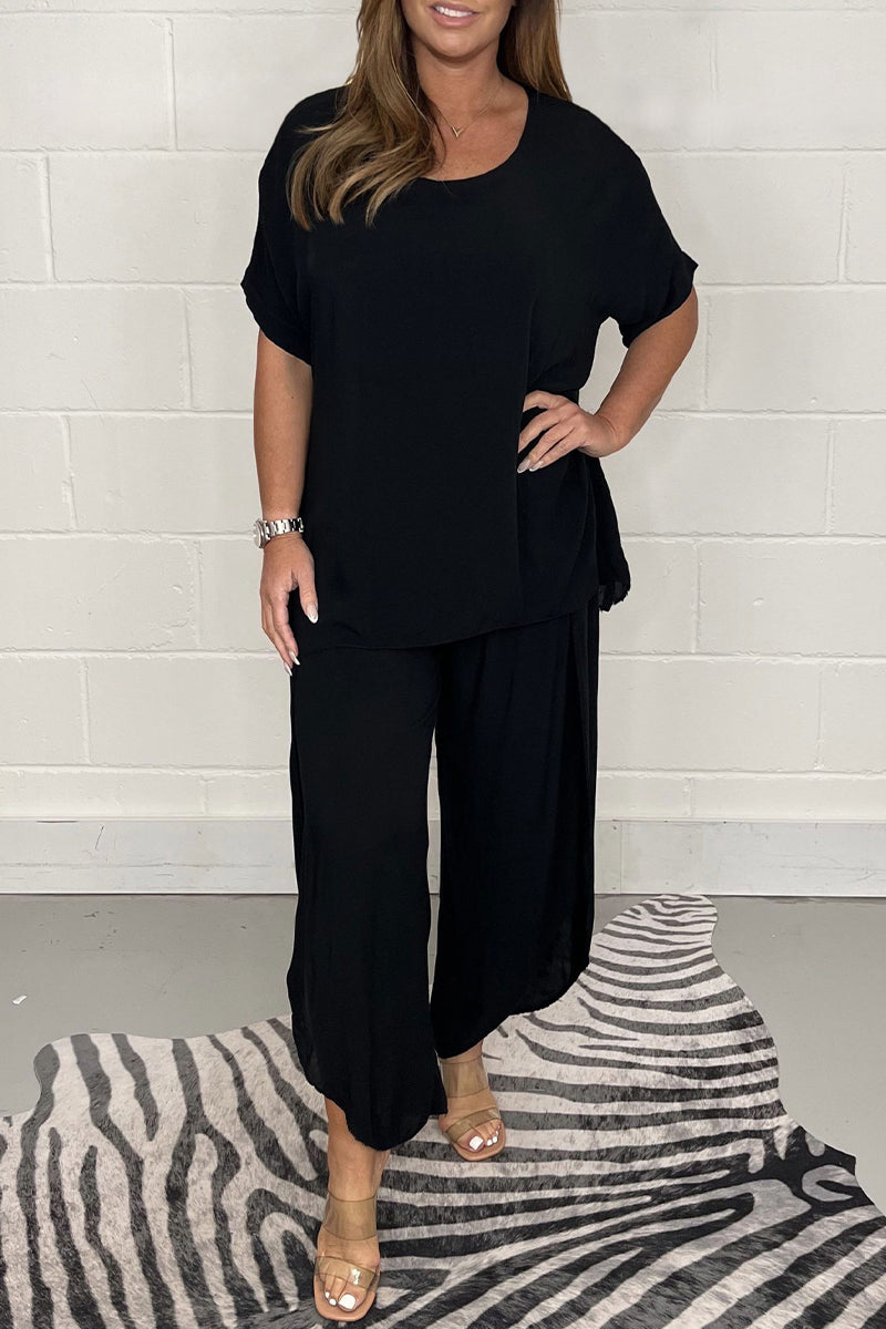 Plus Size Casual Solid Asymmetrical O Neck Short Sleeve Two Pieces(9 Colors) - Fashionpara