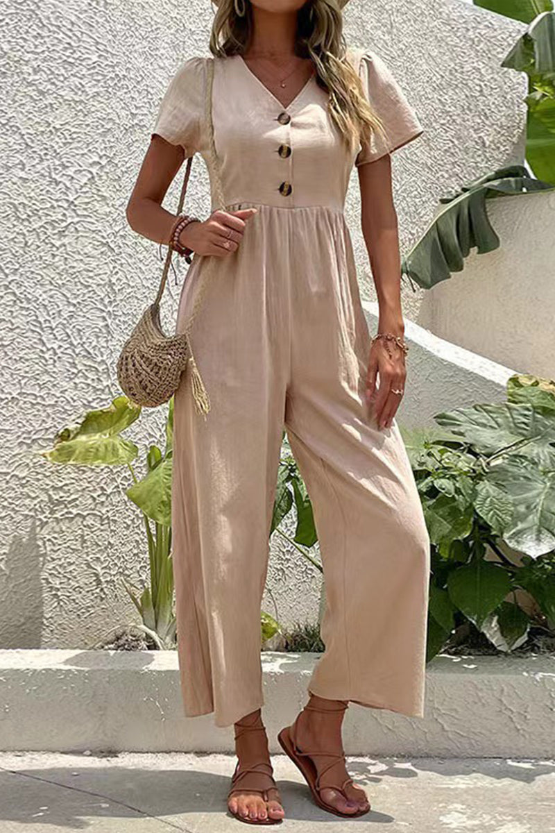 Casual Solid Buttons V Neck Loose Jumpsuits(5 Colors) - Fashionpara
