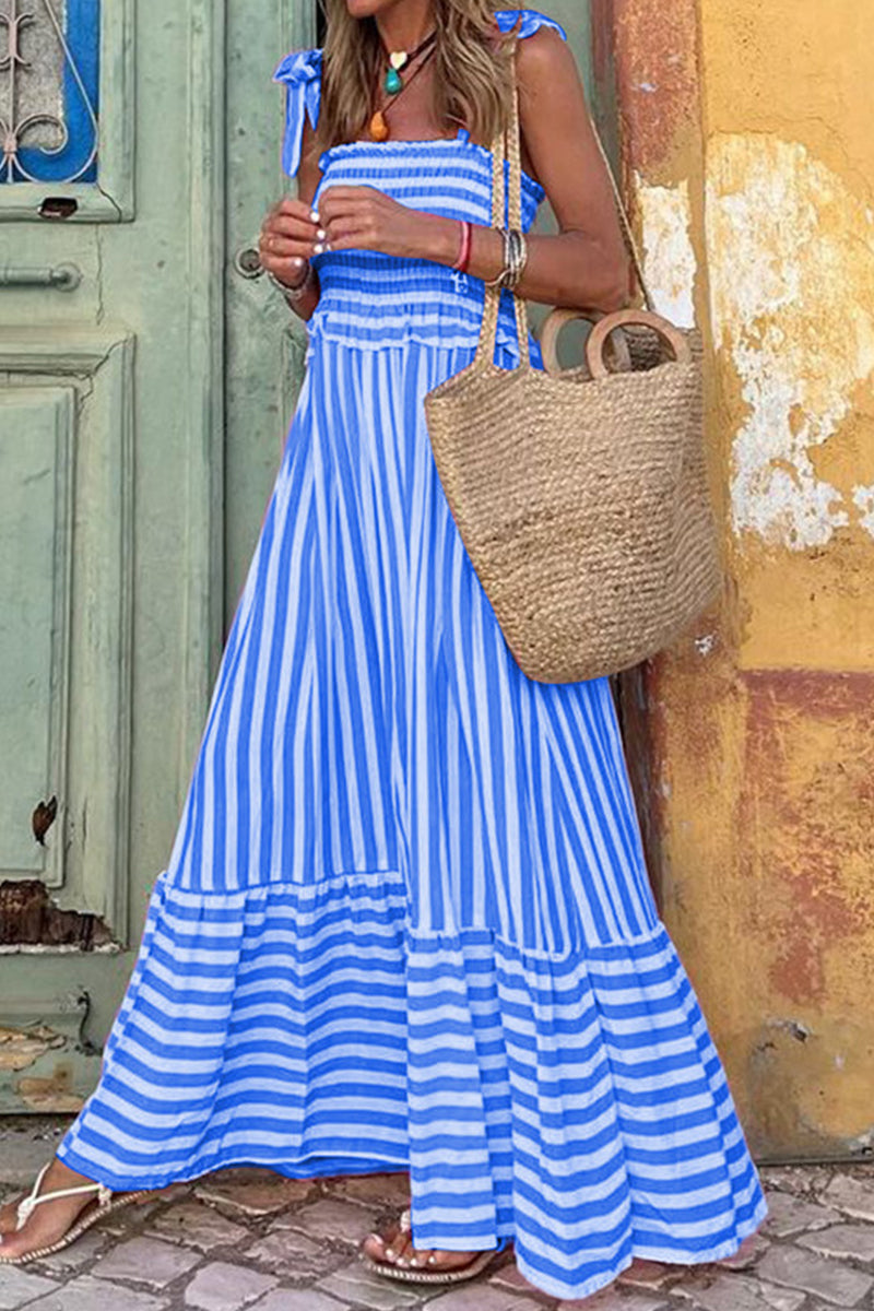 Casual Striped Patchwork Square Collar Sling Dress Dresses - Fashionpara