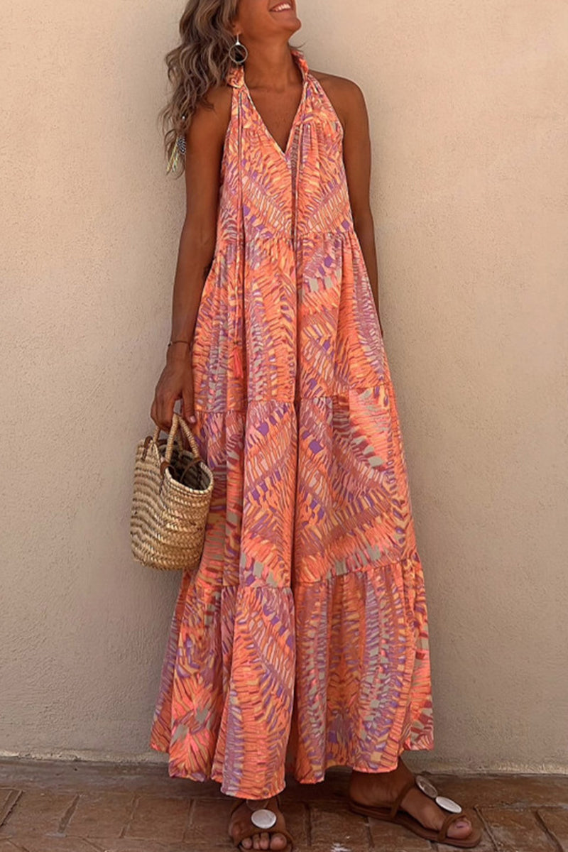 Casual Vacation Print Patchwork Halter Printed Dress Dresses - Fashionpara