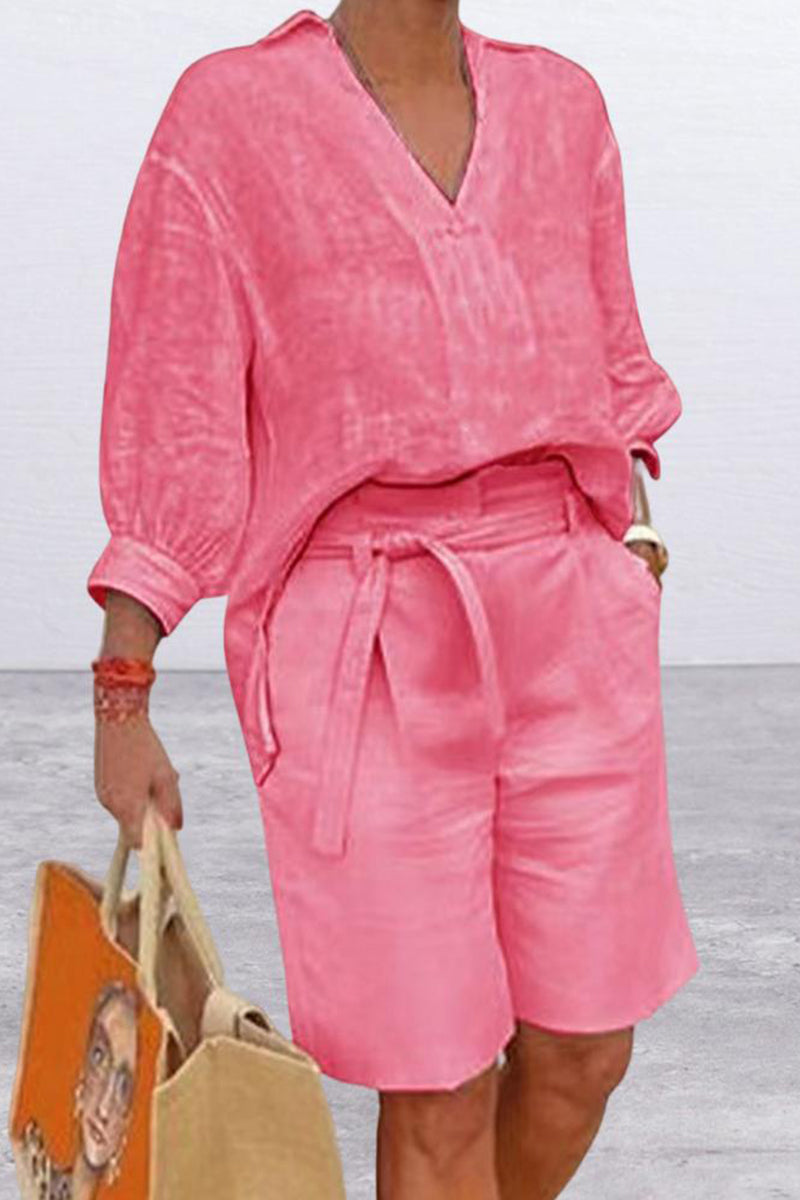 Casual Simplicity Solid Pocket V Neck Long Sleeve Two Pieces(4 Colors) - Fashionpara