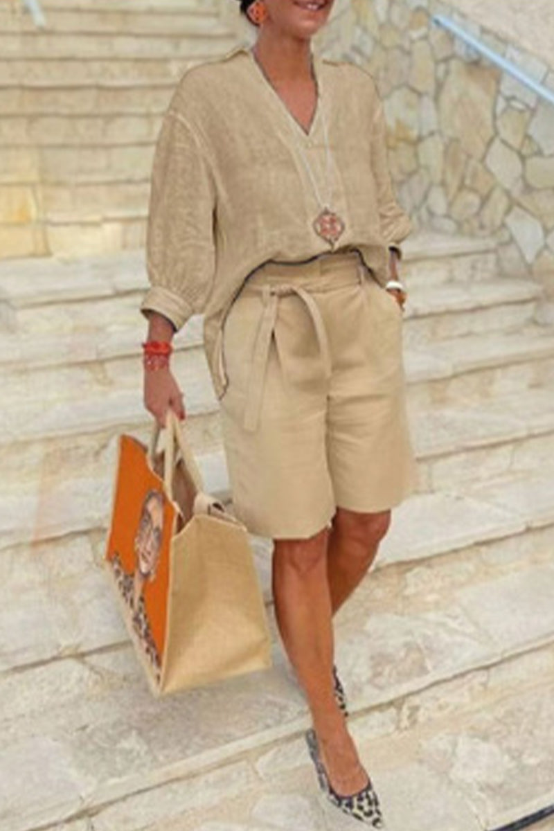 Casual Simplicity Solid Pocket V Neck Long Sleeve Two Pieces(4 Colors) - Fashionpara