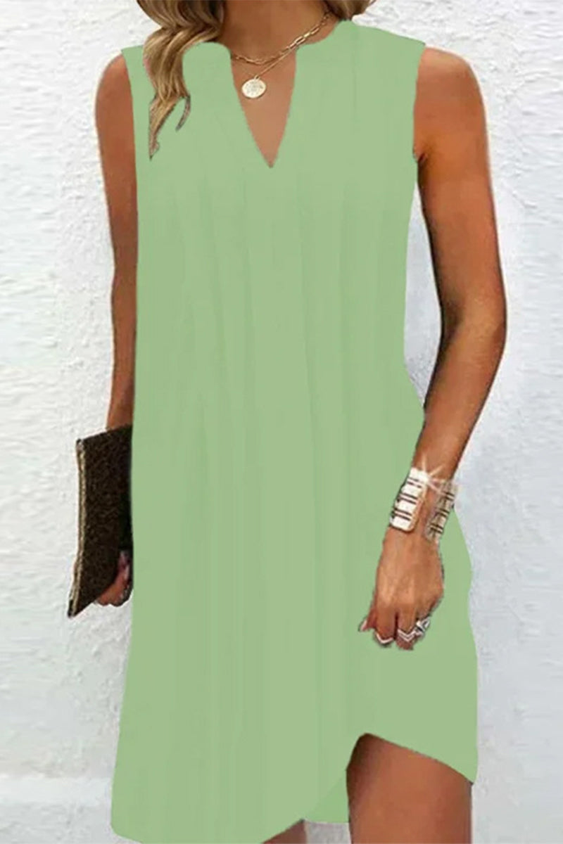 Casual Simplicity Solid Fold V Neck A Line Dresses - Fashionpara