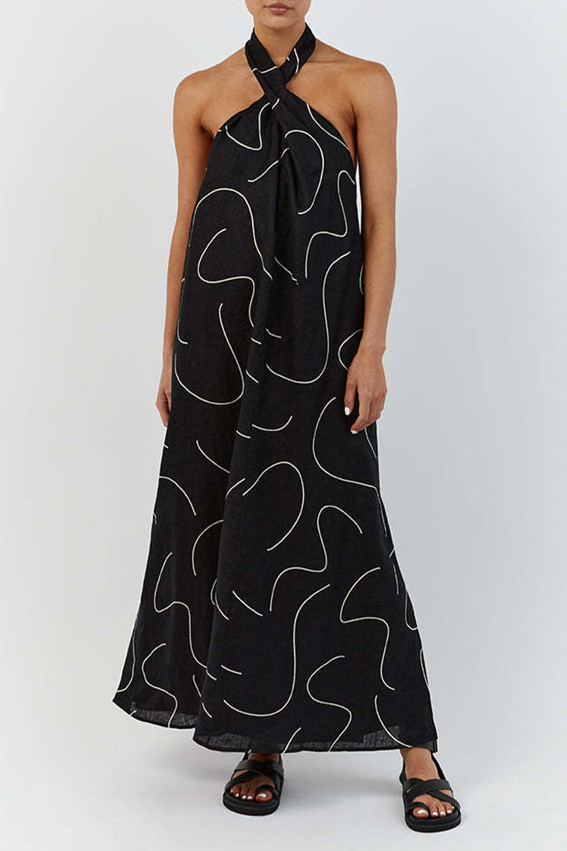 Casual Geometric Print Frenulum Halter Sleeveless Dress Dresses - Fashionpara