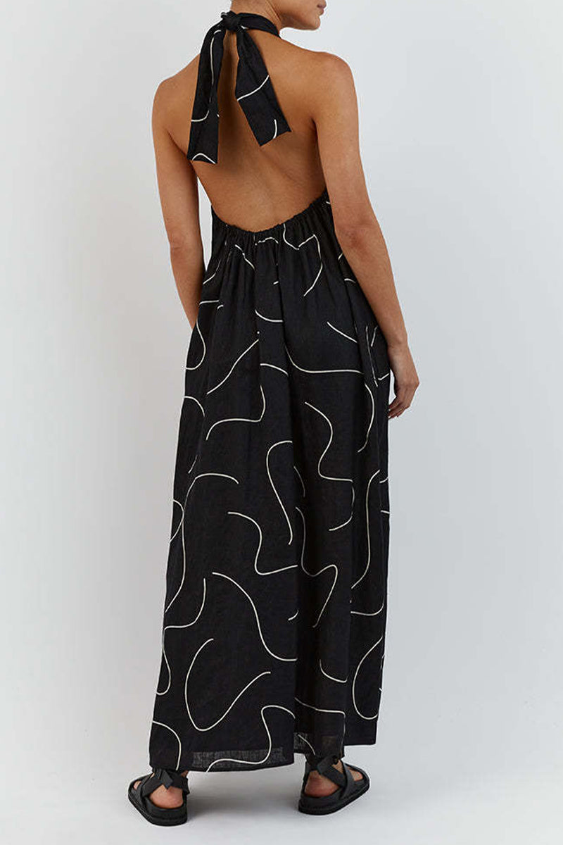 Casual Geometric Print Frenulum Halter Sleeveless Dress Dresses - Fashionpara