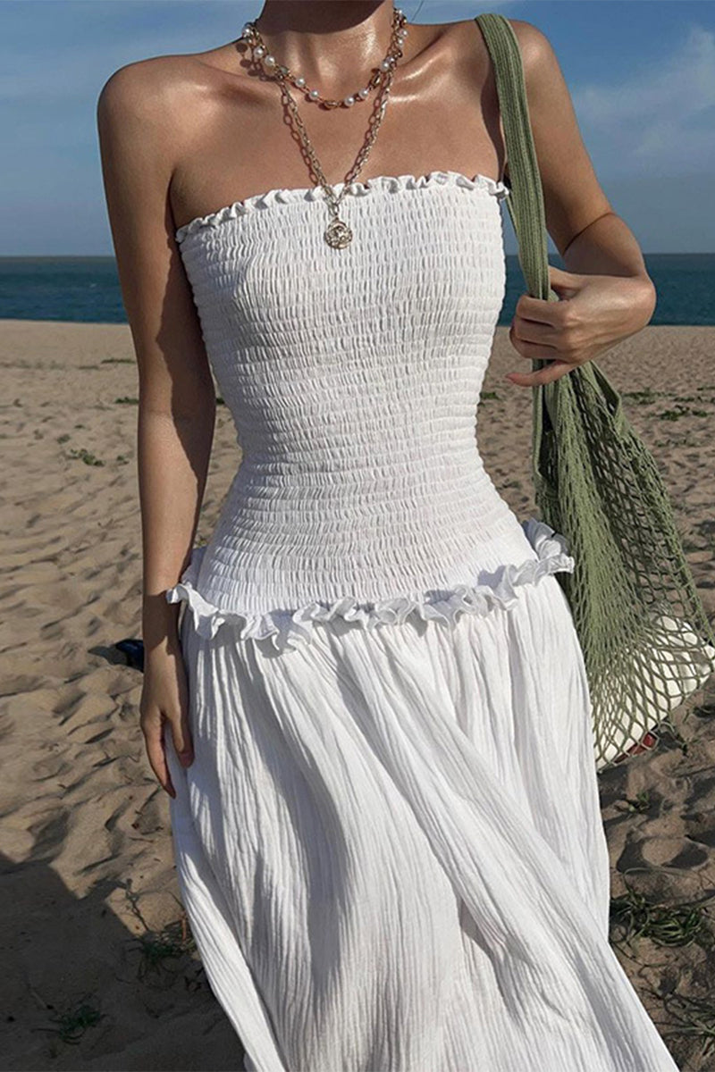 Casual Daily Solid Fold Strapless Pleated Dresses - Fashionpara