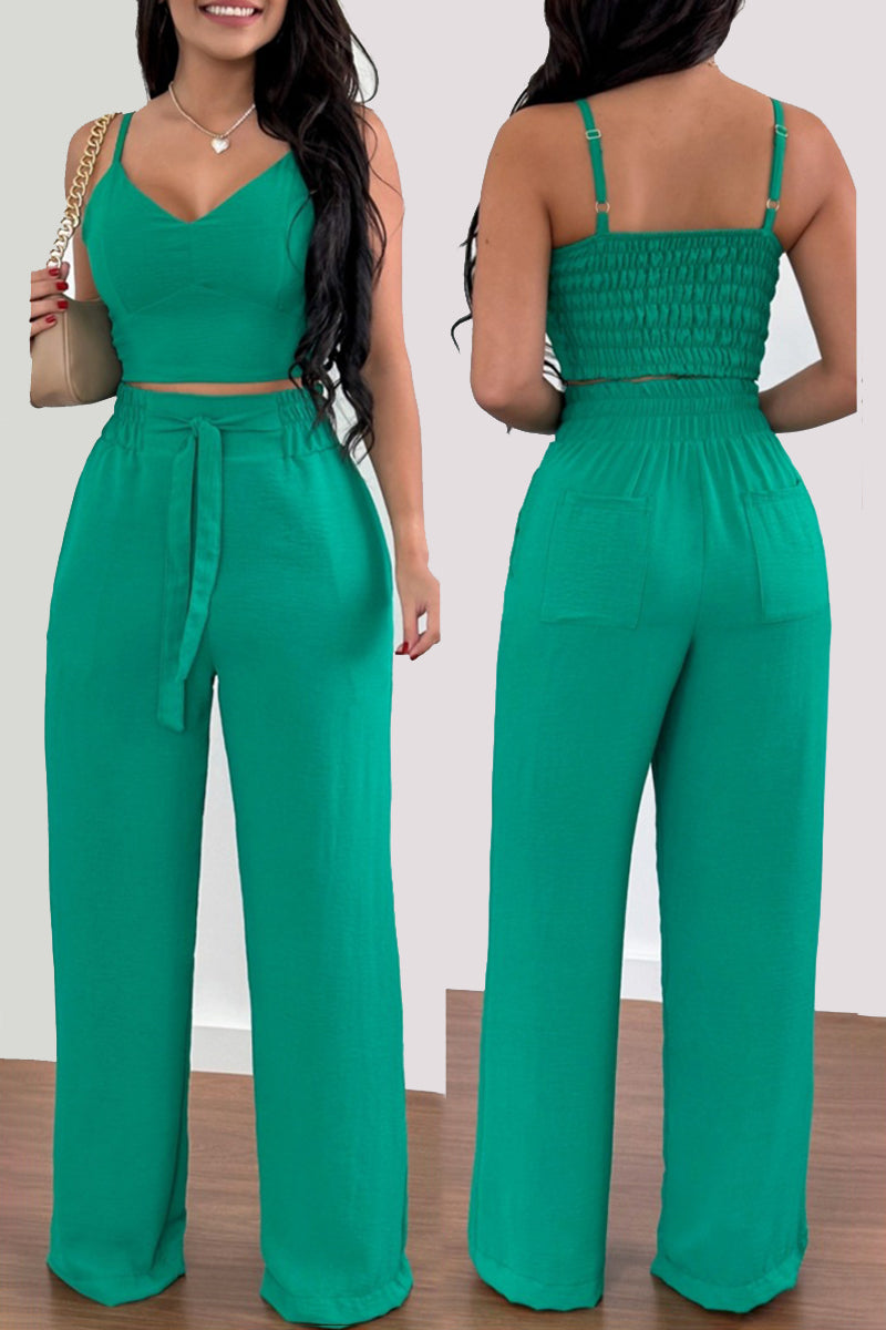 Casual Simplicity Solid Fold V Neck Sleeveless Two Pieces - Fashionpara