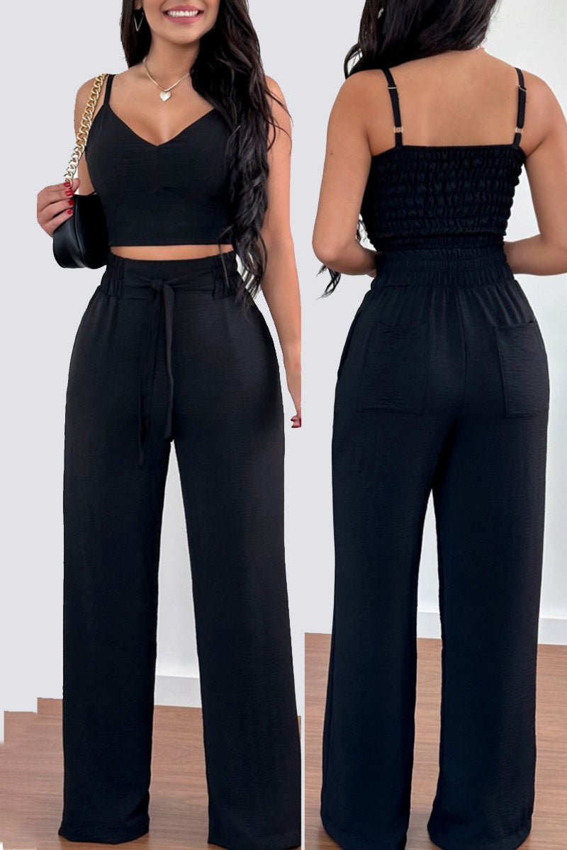 Casual Simplicity Solid Fold V Neck Sleeveless Two Pieces - Fashionpara