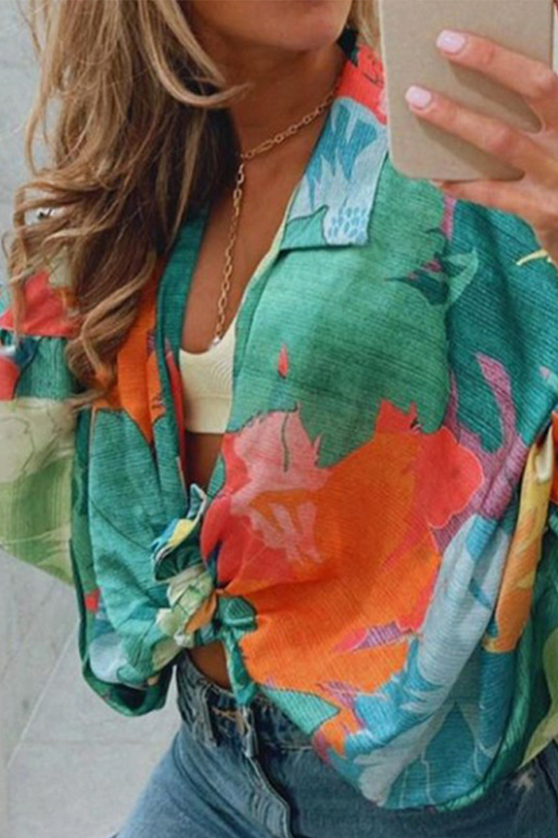 Casual Print Patchwork Turndown Collar Blouses(4 Colors)  Fashionpara