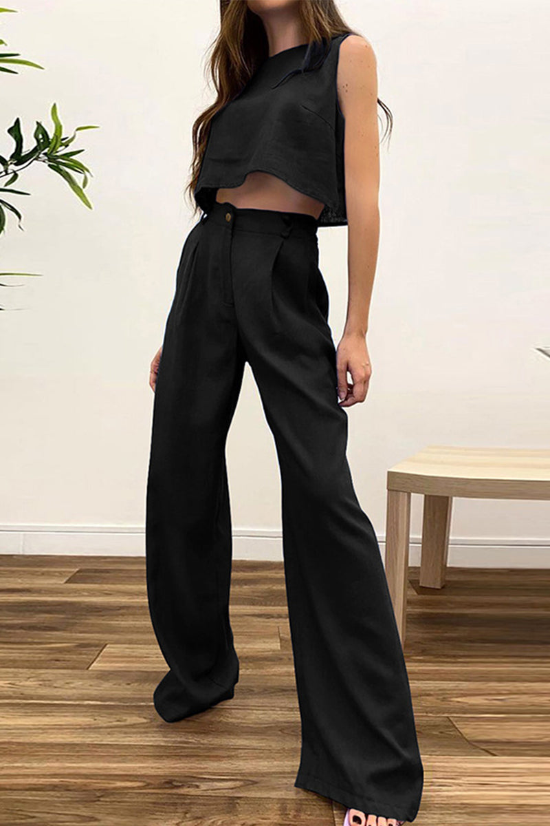 Casual Solid Patchwork O Neck Sleeveless Two Pieces - Fashionpara