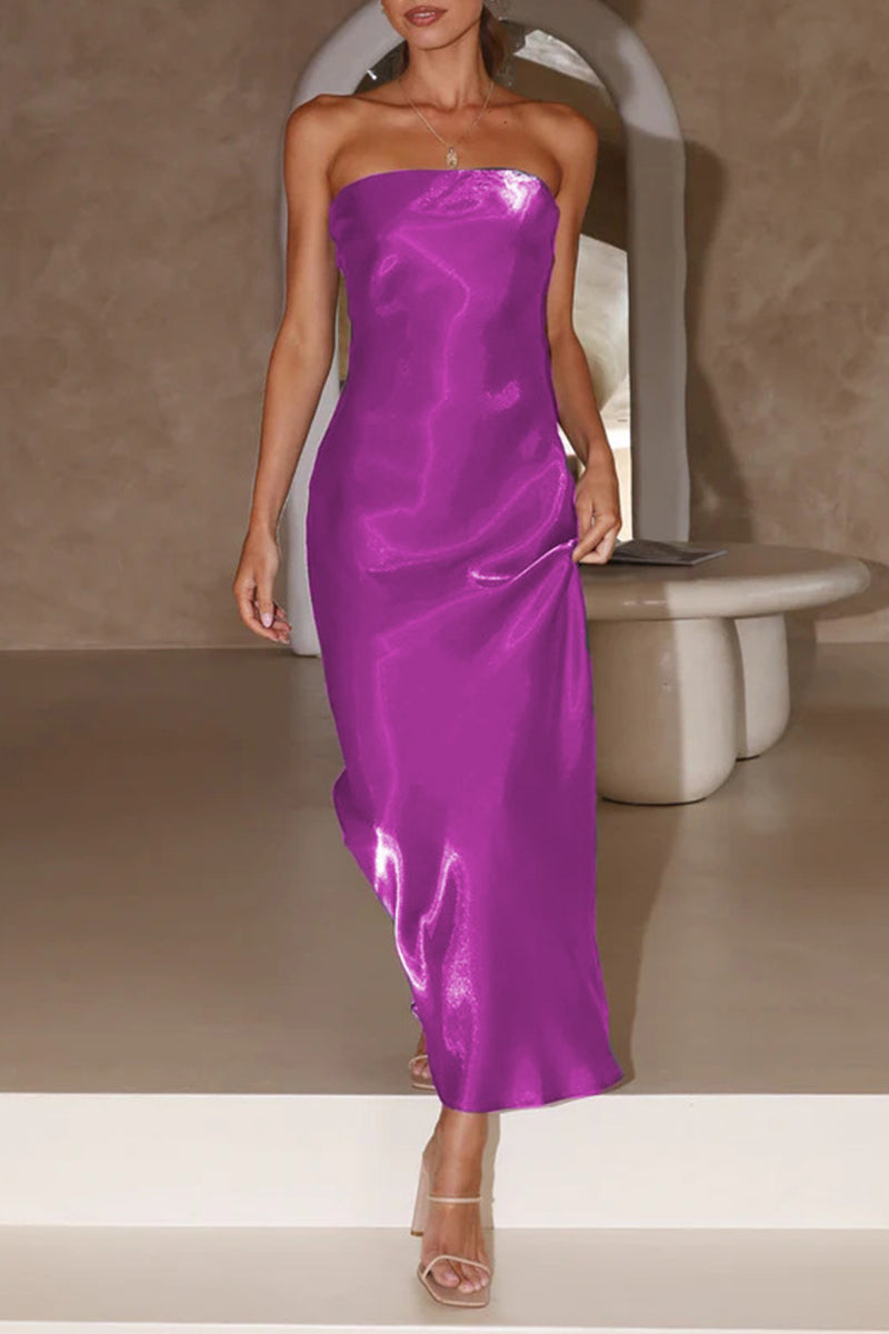 Celebrities Formal Solid Bright Silk Strapless Evening Dress Dresses - Fashionpara