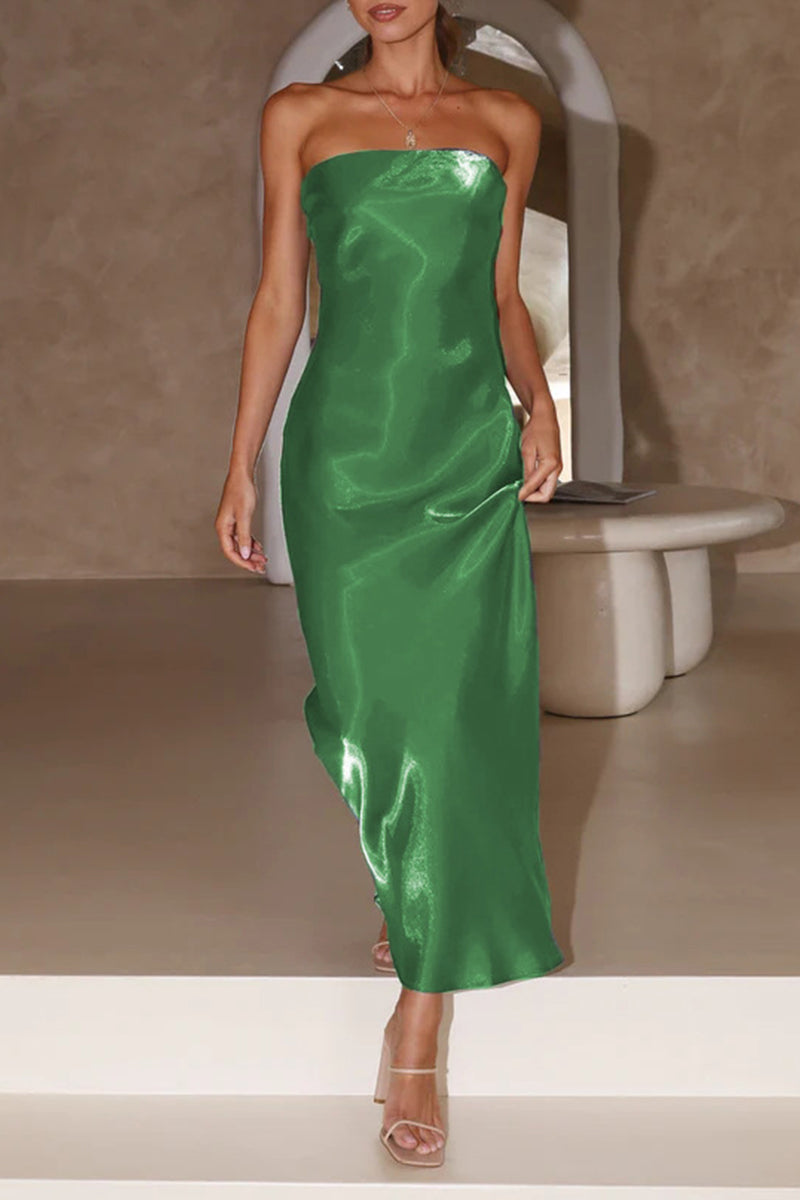 Celebrities Formal Solid Bright Silk Strapless Evening Dress Dresses - Fashionpara