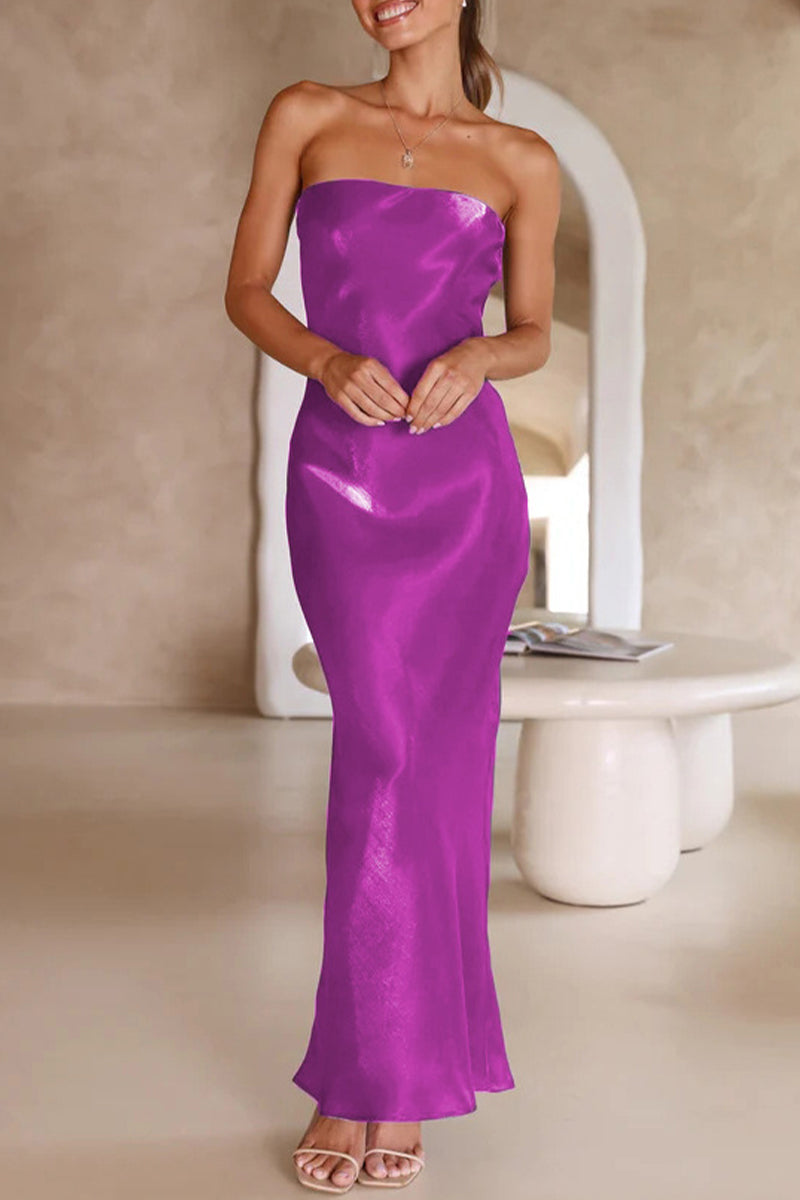 Celebrities Formal Solid Bright Silk Strapless Evening Dress Dresses - Fashionpara