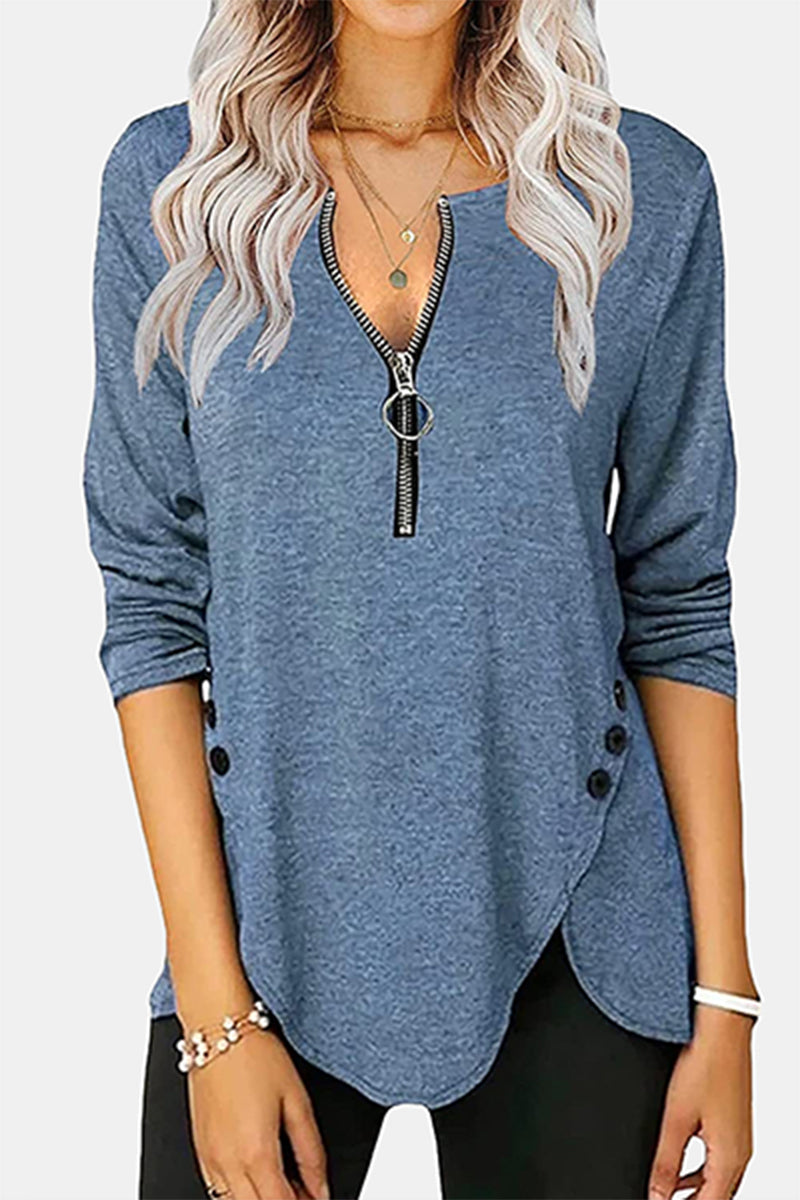 Casual Solid Buckle Asymmetrical Zipper Collar Tops(5 Colors) - Fashionpara
