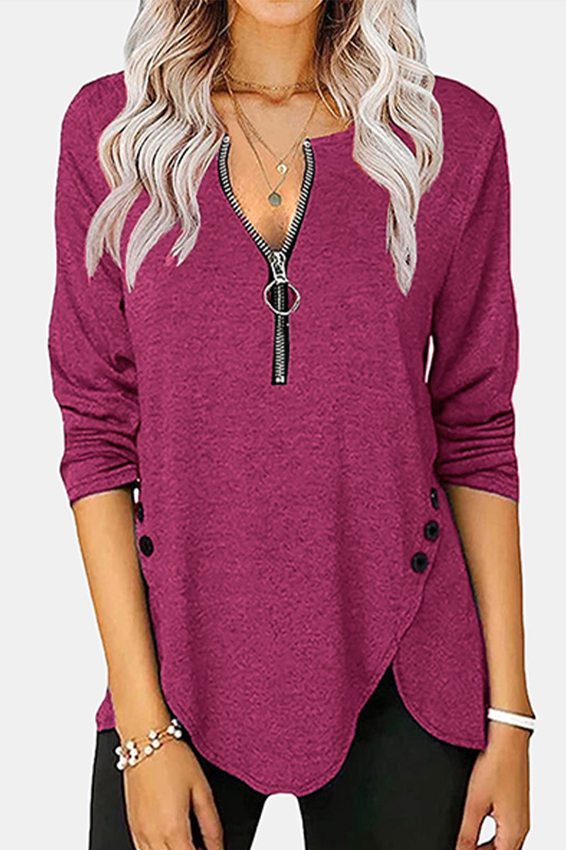 Casual Solid Buckle Asymmetrical Zipper Collar Tops(5 Colors) - Fashionpara