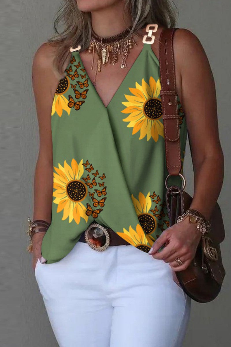 Casual Print Patchwork V Neck Tops - Fashionpara