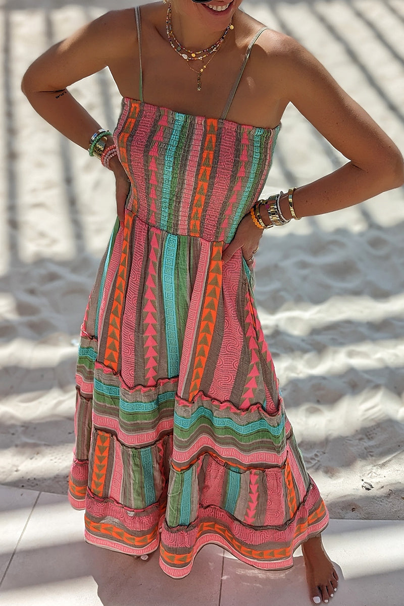 Casual Vacation Color Block Flounce Contrast Square Collar Sling Dress Dresses - Fashionpara