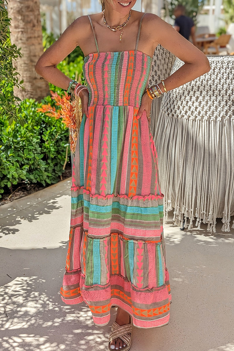 Casual Vacation Color Block Flounce Contrast Square Collar Sling Dress Dresses - Fashionpara