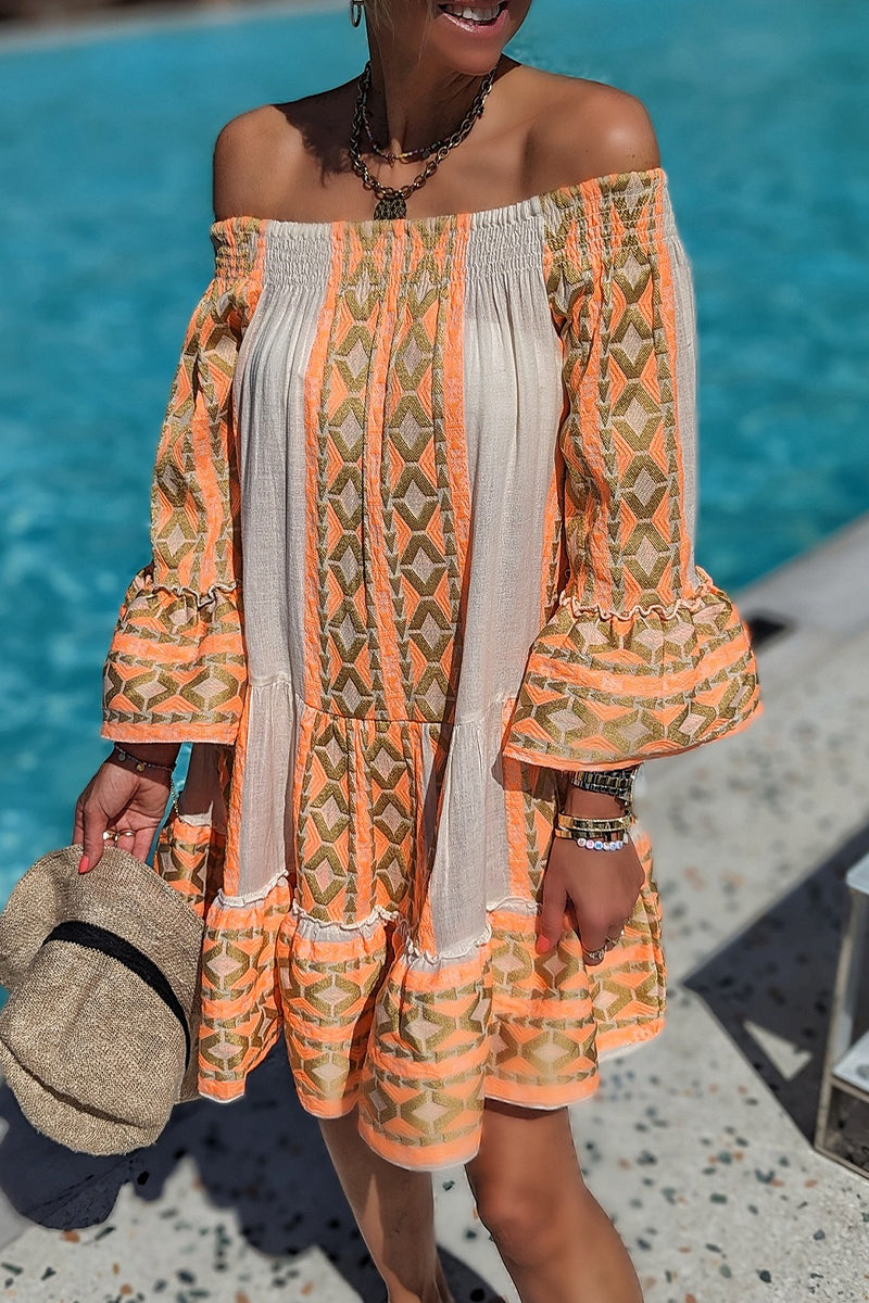 Casual Vacation Color Block Contrast Off the Shoulder Dresses - Fashionpara