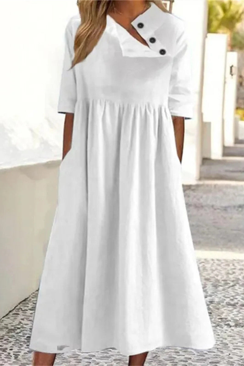 Casual Solid Pocket Buckle Oblique Collar A Line Dresses - Fashionpara