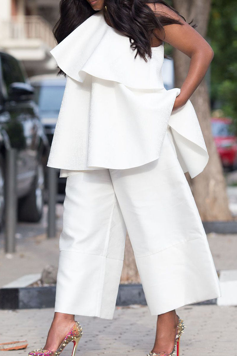 Casual Solid Patchwork Flounce Oblique Collar Sleeveless Two Pieces - Fashionpara