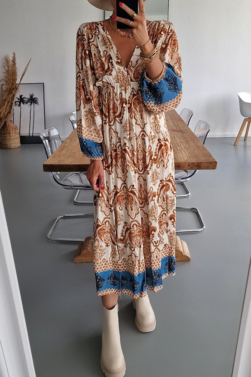 Elegant College Print Patchwork V Neck Printed Dress Dresses(4 Colors)  Fashionpara