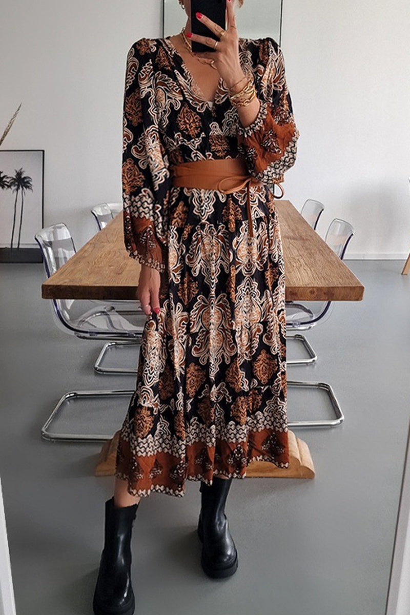 Elegant College Print Patchwork V Neck Printed Dress Dresses(4 Colors)  Fashionpara