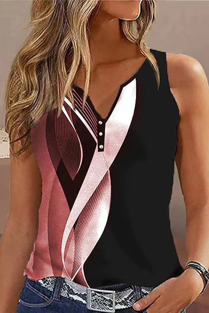 Casual Print Patchwork V Neck Tops