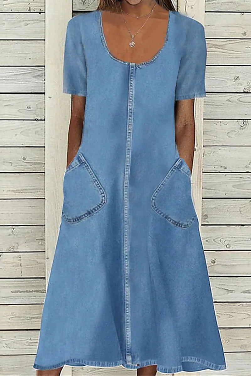 Casual Street Solid Pocket U Neck Short Sleeve Denim Dresses - Fashionpara