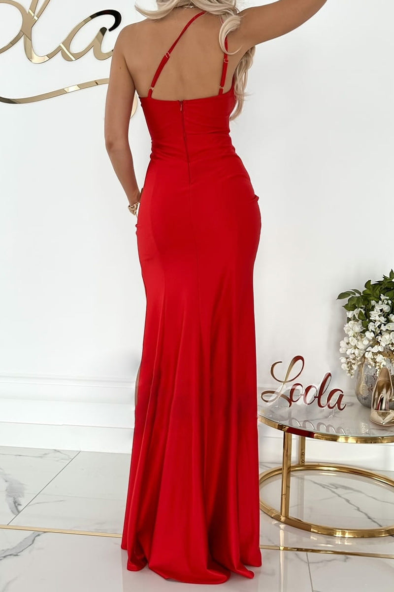 Elegant Solid Slit Oblique Collar Evening Dress Dresses - Fashionpara