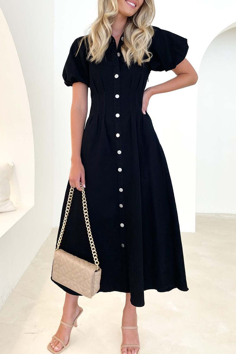 Casual Solid Buckle Turndown Collar A Line Dresses - Fashionpara