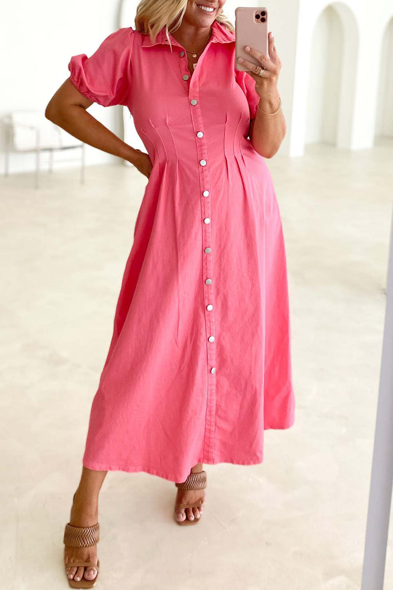 Casual Solid Buckle Turndown Collar A Line Dresses - Fashionpara