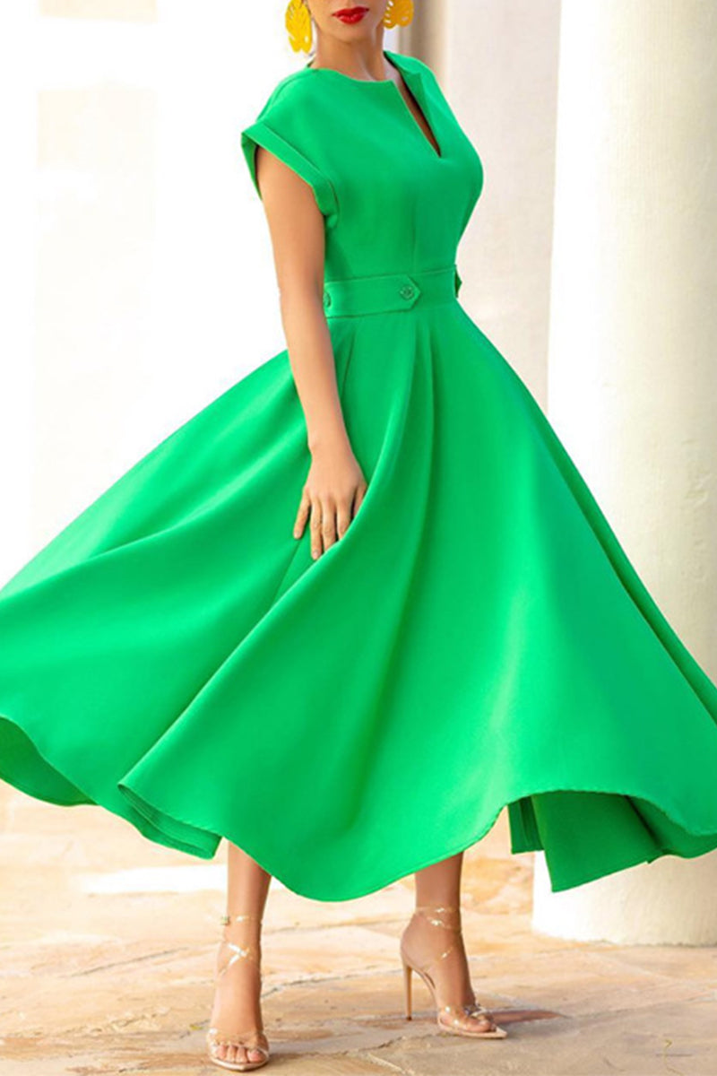 Casual Simplicity Solid Zipper O Neck Short Sleeve Dress - Fashionpara