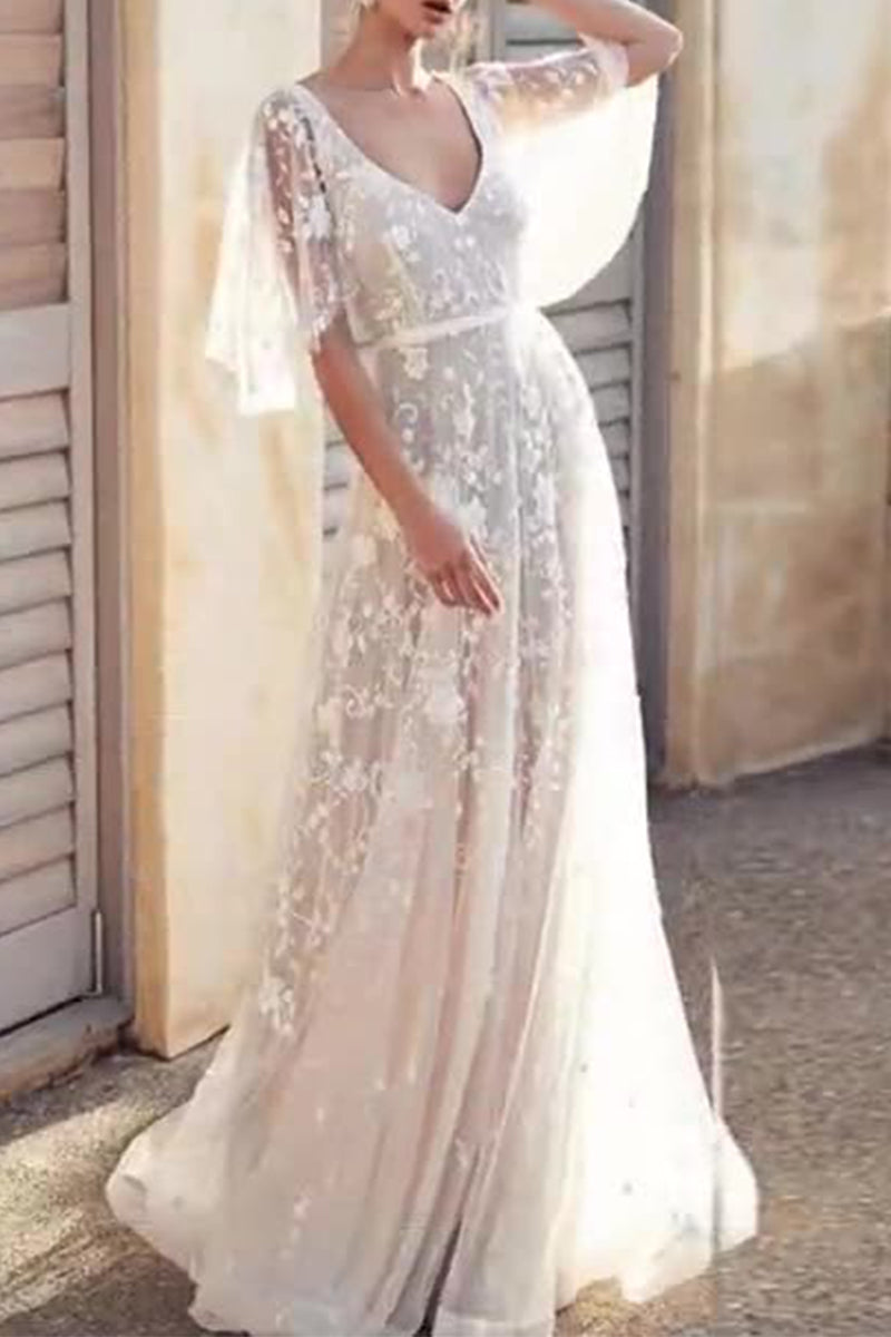 Elegant Formal Solid Lace Backless V Neck Dresses - Fashionpara