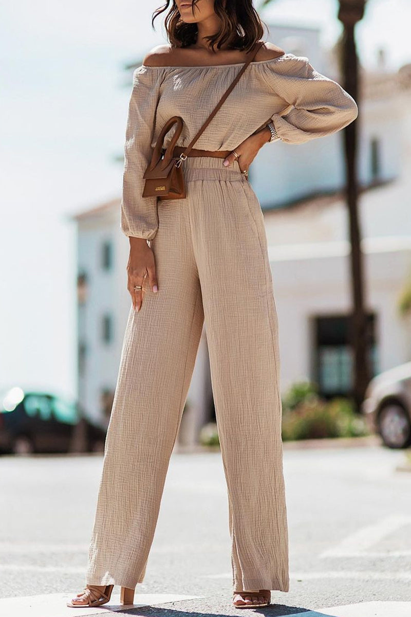 Casual Simplicity Solid Fold Off the Shoulder Long Sleeve Two Pieces - Fashionpara