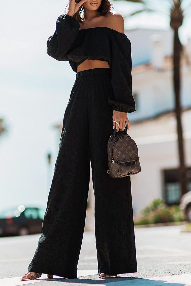 Casual Simplicity Solid Fold Off the Shoulder Long Sleeve Two Pieces - Fashionpara