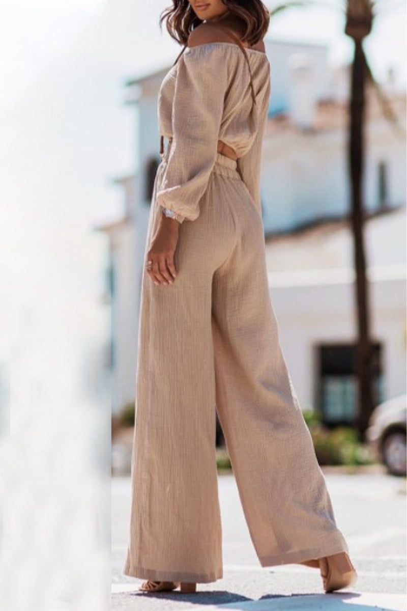 Casual Simplicity Solid Fold Off the Shoulder Long Sleeve Two Pieces - Fashionpara