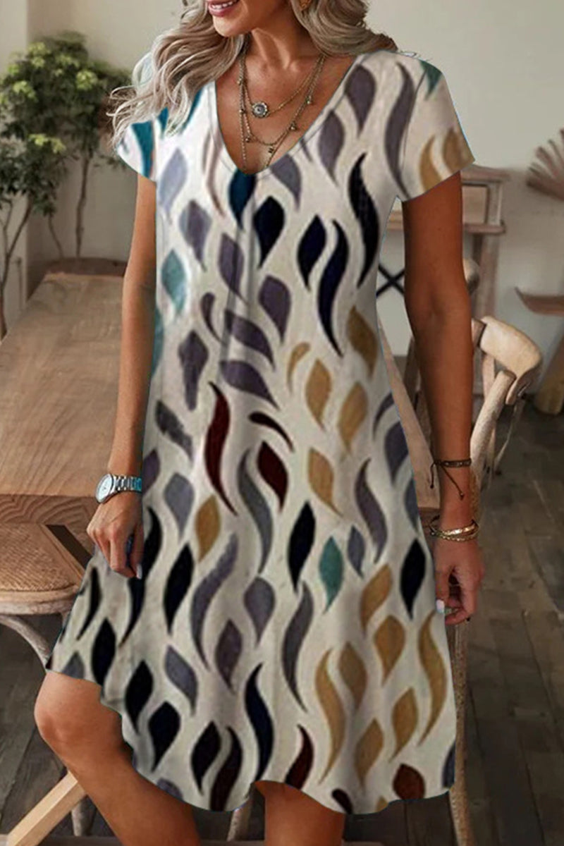 Casual Print Patchwork V Neck A Line Short Sleeve Dress(9 Colors) - Fashionpara