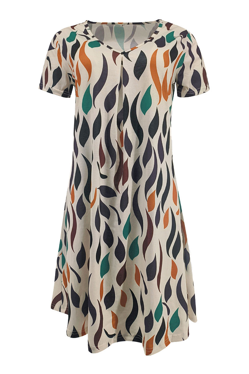 Casual Print Patchwork V Neck A Line Short Sleeve Dress(9 Colors) - Fashionpara